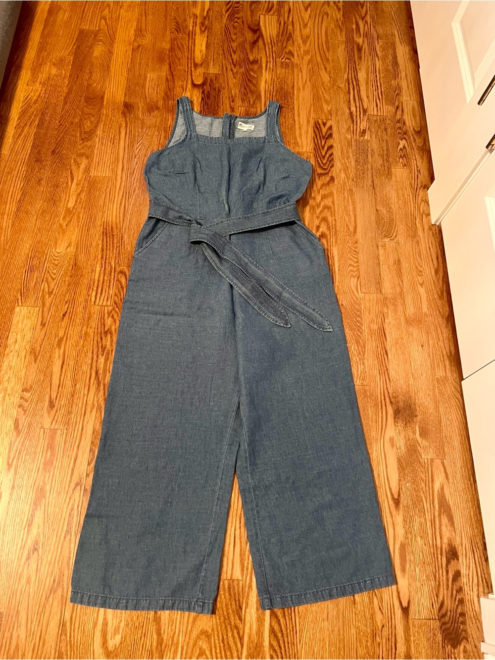 Madewell Denim Sleeveless Belted Wide-Leg Jumpsuit in chambray